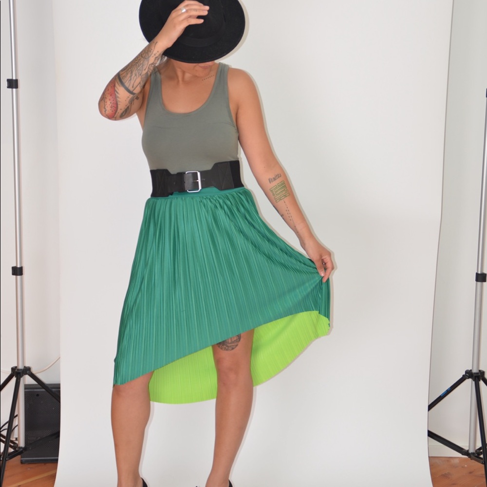 Green Pleated High Low Skirt